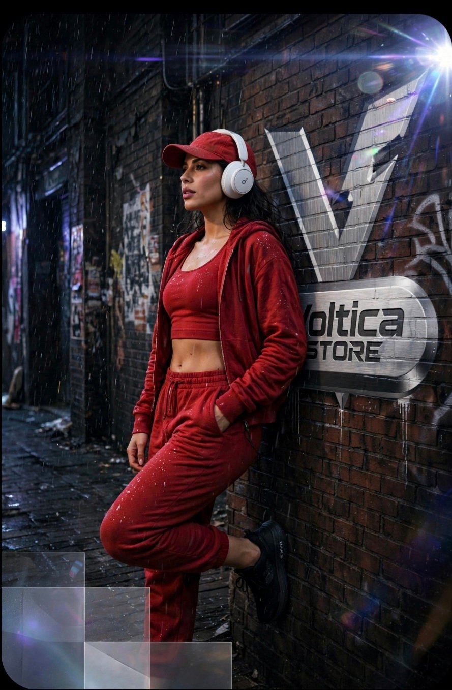 Voltica Store urban campaign — listener wearing premium wireless headphones against a brick wall